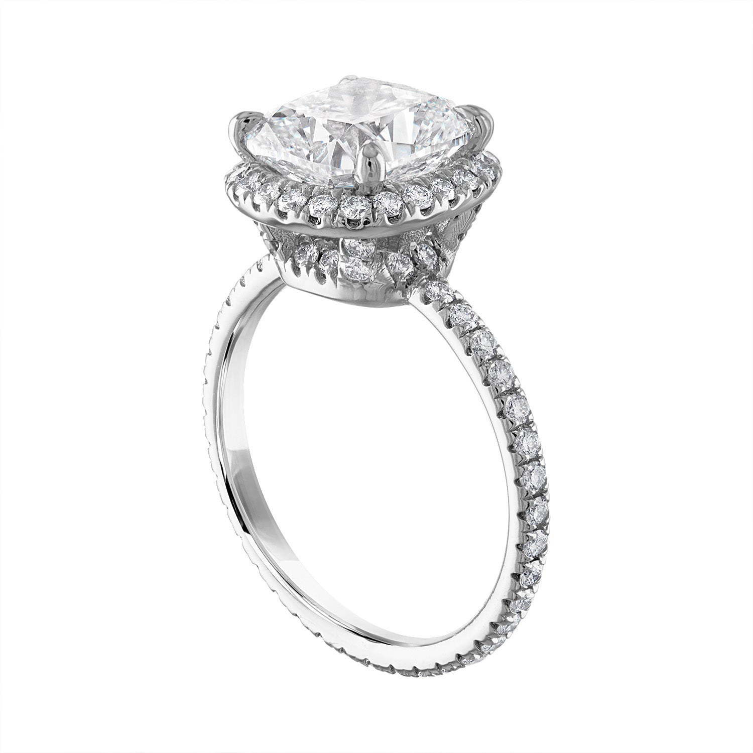 Elongated Cushion Cut Engagement Ring set in Halo Pave Platinum setting
