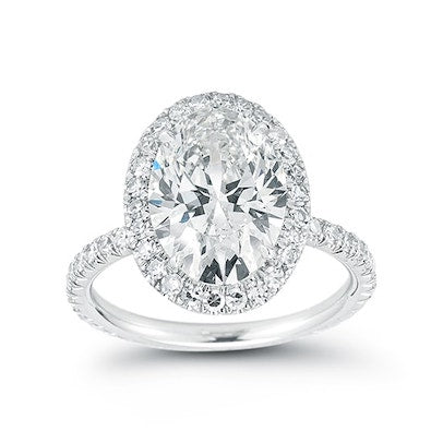 Oval Diamond Engagement Ring with Micro Pave Diamond Halo and Band